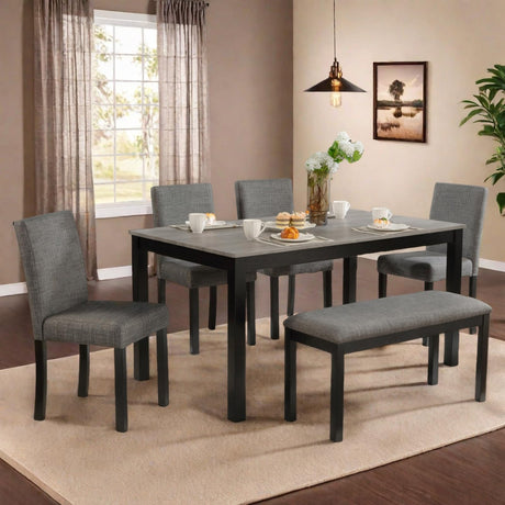 Trygoal Dining Table Set for 5, Modern 6 Piece Dining Room Table Set with Rectangular Table 4 Upholstered Backrest Chairs and a Bench, Counter Height Kitchen Sets with Wood Grain Surface, Black Trygoal