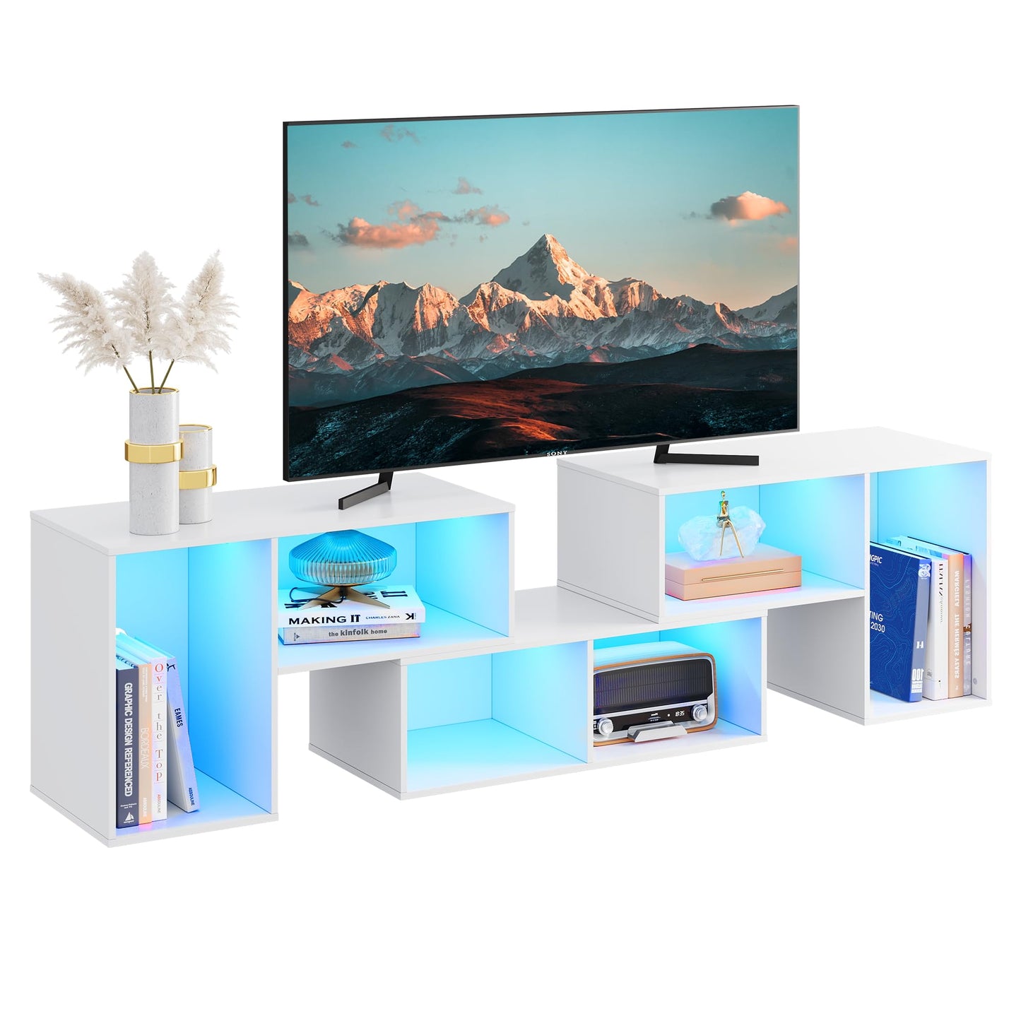 WLIVE TV Stand, Deformable TV Stand with LED Strip, Modern Entertainment Center, Gaming Media 3 Pieces Console Cabinet for Living Room, Bedroom, White