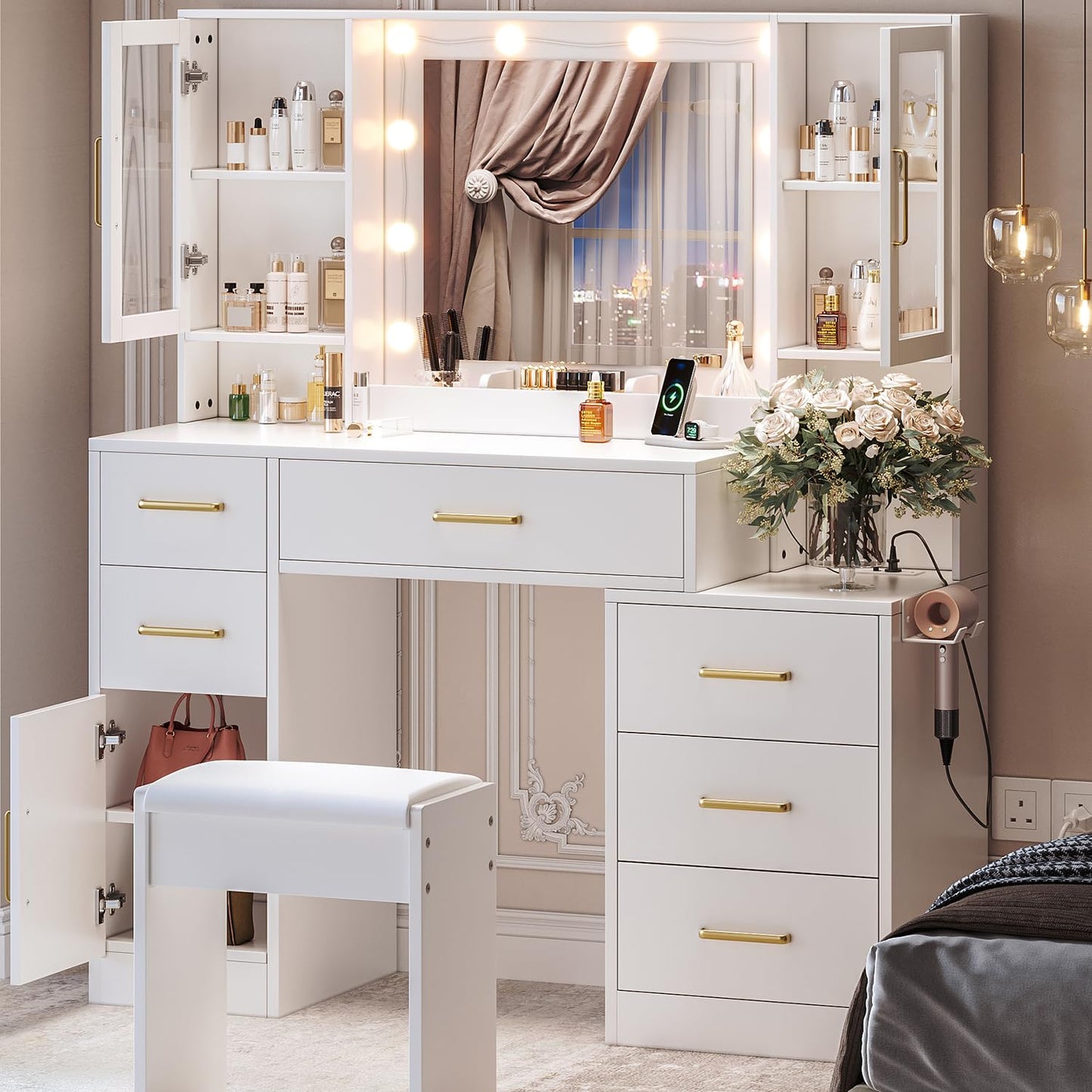 51" Vanity Desk with Mirror and Lights & Charging Station, Bedroom Dressing Table, Large Vanity Set with Cushioned Stool, 6 Drawers and 2 Cabinets, Makeup Vanity Table with Charging Station