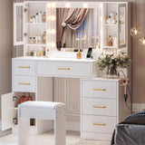 51" Vanity Desk with Mirror and Lights & Charging Station, Bedroom Dressing Table, Large Vanity Set with Cushioned Stool, 6 Drawers and 2 Cabinets, Makeup Vanity Table with Charging Station TOKSOM