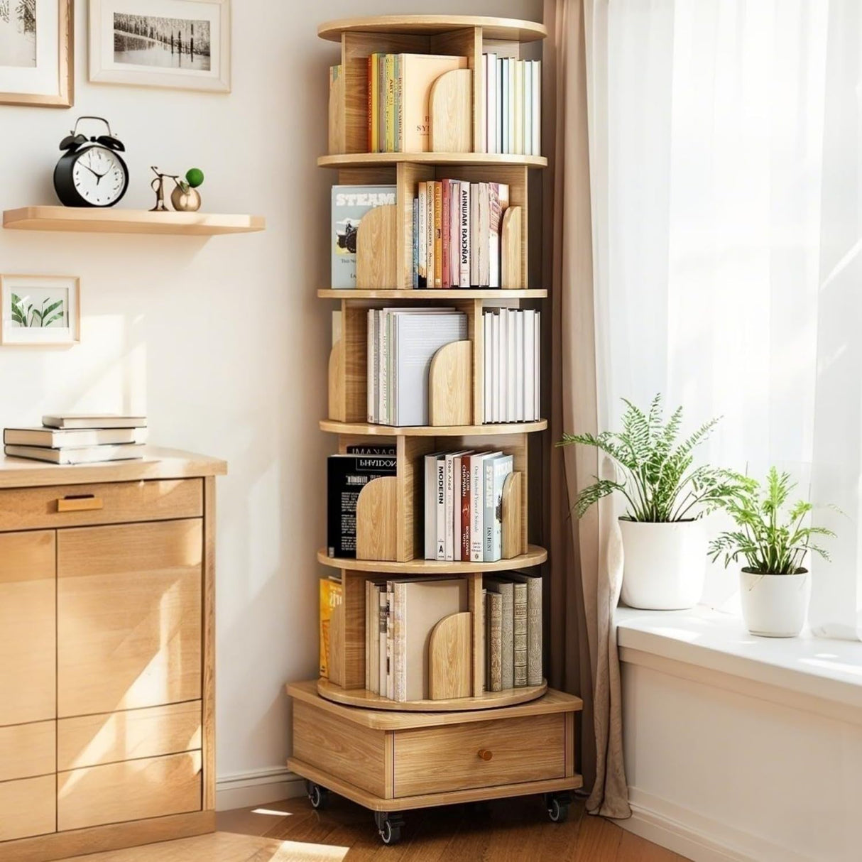 anwickjeff 6 Tier Rotating Bookshelf Tower, 360°Round Spinning Bookshelf with Drawers and Wheels, Small White Rotating Bookcase for Bedroom,Living Room,Office (Oak, 6 Tier) anwickjeff