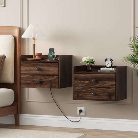 Floating Nightstand Set of 2 with 2 Storage Drawers and Charging Station Wood Wall Mounted Bedside End Table Modern Night Stands Set 2 for Bedroom,Small Space,Brown Walnut Vabches