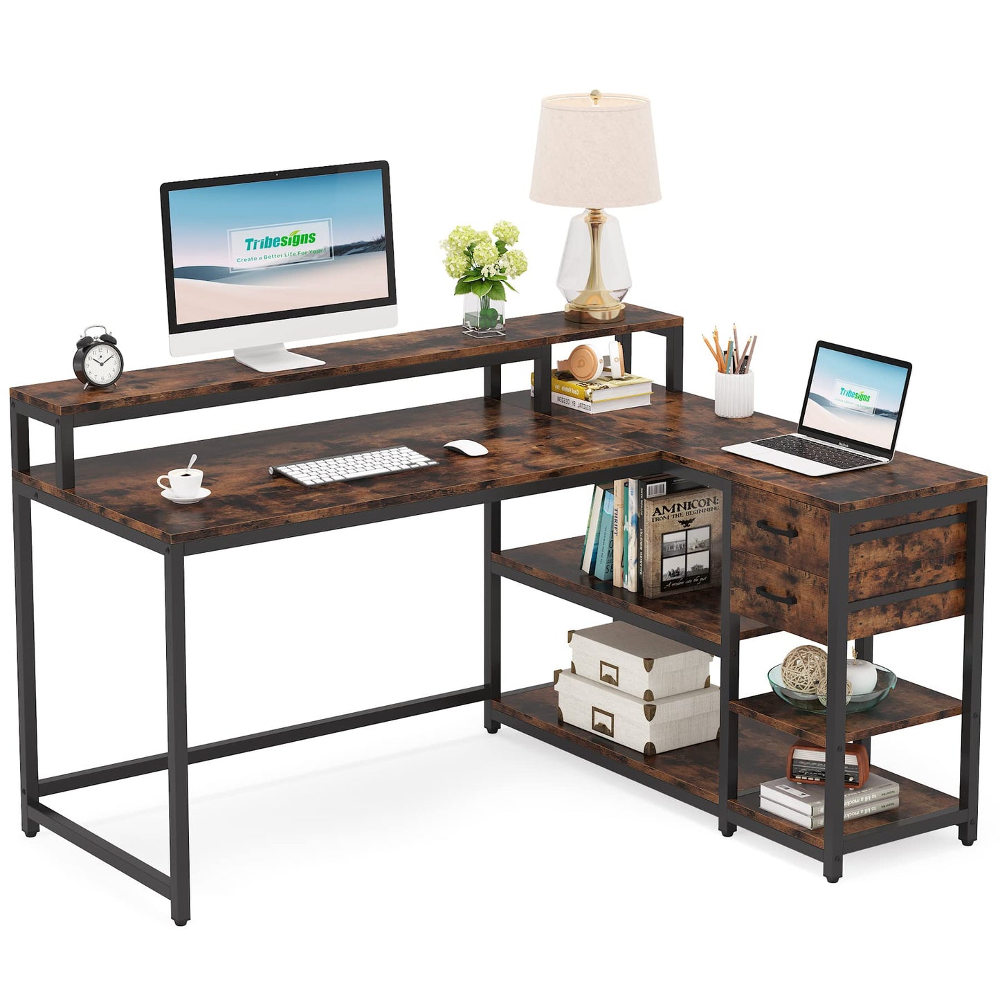 LITTLE TREE Reversible L-Shaped Computer Desk with Hutch & Shelf,Rustic