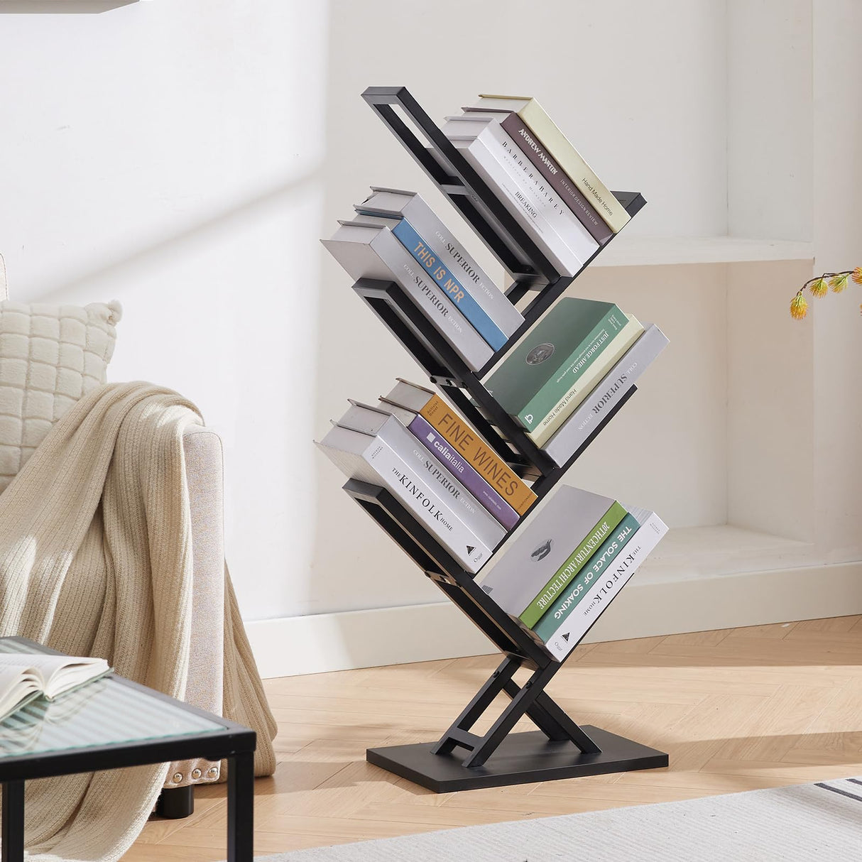 Ymesiyou 5 Tier Tree Bookshelf, Wisdom Tree Bookshelf, Modern Corner Book Shelfe, Small Bookshelf for Small Spaces, Utility Organizer for CDs/Books/Home Office/Living/Bedroom Room-Black Ymesiyou