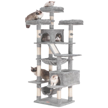 Heybly Cat Tree, 73 inches Tall Cat Tower for Large Cats 20 lbs Heavy Duty for Indoor Cats,Big Cat Furniture Condo for with Padded Plush Perch, Cozy Basket and Scratching Posts Light Gray HCT030W Heybly