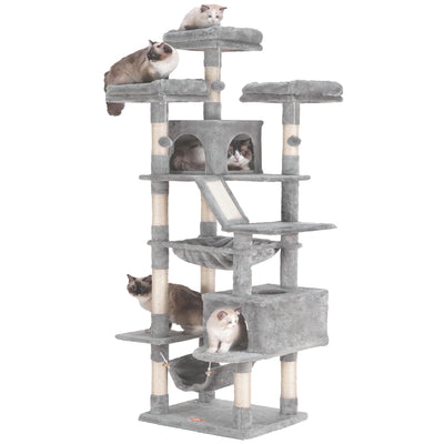 Heybly Cat Tree, 73 inches Tall Cat Tower for Large Cats 20 lbs Heavy Duty for Indoor Cats,Big Cat Furniture Condo for with Padded Plush Perch, Cozy Basket and Scratching Posts Light Gray HCT030W