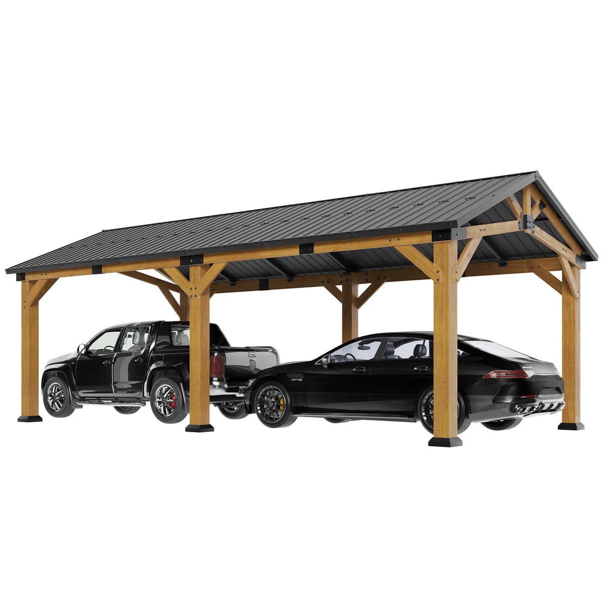 Jocisland 12x24x9.5 FT Cedar Wood Hardtop Carport with Steel Roof, Waterproof Outdoor Gazebo Pavilion, Heavy-Duty Snow & Wind Resistant Canopy for Patio, Driveway, Garden Jocisland