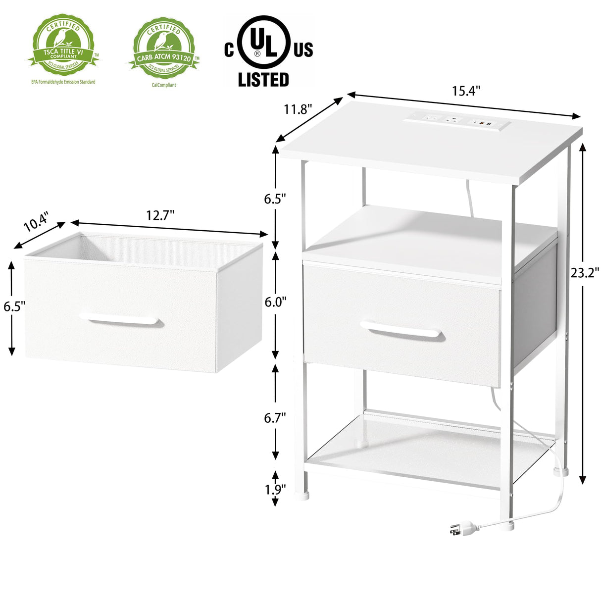 LAKEMID Nightstands Set of 2 with Fast Charging Station and Drawer, End Table Bedside Table with 20 Colors LED Light Strip and 2 Layers Shelf for Bedroom Living Room Sofa Couch (White) LAKEMID