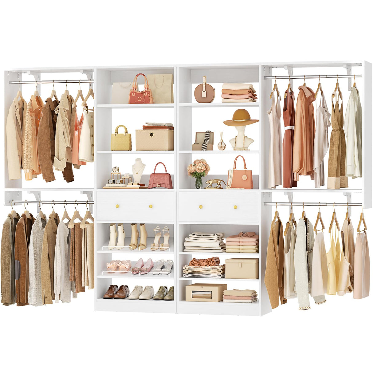 [10 FT Closet System] Reversible Set of 2 Wood Closet Organizer System with 2 Drawers, 4 Hanging Rods Adjustable Shelf, Walk In Closet Organizers with Shoe Rack, Garment Rack Clothes Rack, White Besiost