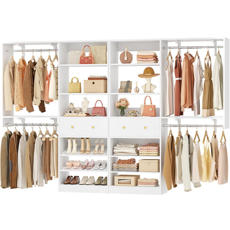 [10 FT Closet System] Reversible Set of 2 Wood Closet Organizer System with 2 Drawers, 4 Hanging Rods Adjustable Shelf, Walk In Closet Organizers with Shoe Rack, Garment Rack Clothes Rack, White Besiost