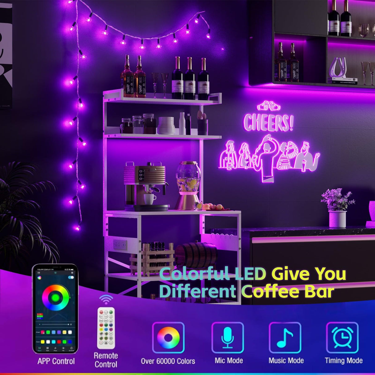 YIPPPPE Bakers Rack with Power Outlet, 5-Tier Microwave Stand with Fabric Drawer and 5 Hooks, Coffee Bar Table with LED Light, Kitchen Storage Shelf Rack for Spices, Pots and Pans, White YIPPPPE