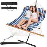 Everyfun Double Hammock with Stand, 2 Person Cotton Rope Hammock with Removable Polyester Pad, 500LBS Capacity, Portable & Adjustable Design, Includes Storage Bag, Indoor Outdoor Use,Blue Everyfun