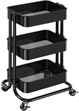 Pipishell 3 Tier Metal Rolling Utility Cart, Heavy-Duty Storage Rolling Cart with 2 Lockable Wheels, Multifunctional Mesh Organization Utility Cart for Kitchen Dining Room Living Room (Black) Pipishell