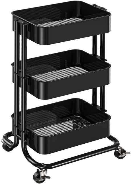 Pipishell 3 Tier Metal Rolling Utility Cart, Heavy-Duty Storage Rolling Cart with 2 Lockable Wheels, Multifunctional Mesh Organization Utility Cart for Kitchen Dining Room Living Room (Black) Pipishell