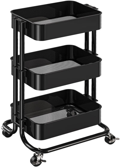 Pipishell 3 Tier Metal Rolling Utility Cart, Heavy-Duty Storage Rolling Cart with 2 Lockable Wheels, Multifunctional Mesh Organization Utility Cart for Kitchen Dining Room Living Room (Black)
