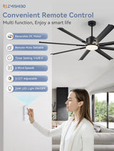 ZMISHIBO 72 inch Aluminium Blade Ceiling Fans with Lights and Remote, Outdoor Ceiling Fans for Patio Living Room with Quiet DC Motor, 6 Speed Reversible, 3 CCT, Black Industrial Ceiling Fan, 8 Blades ZMISHIBO