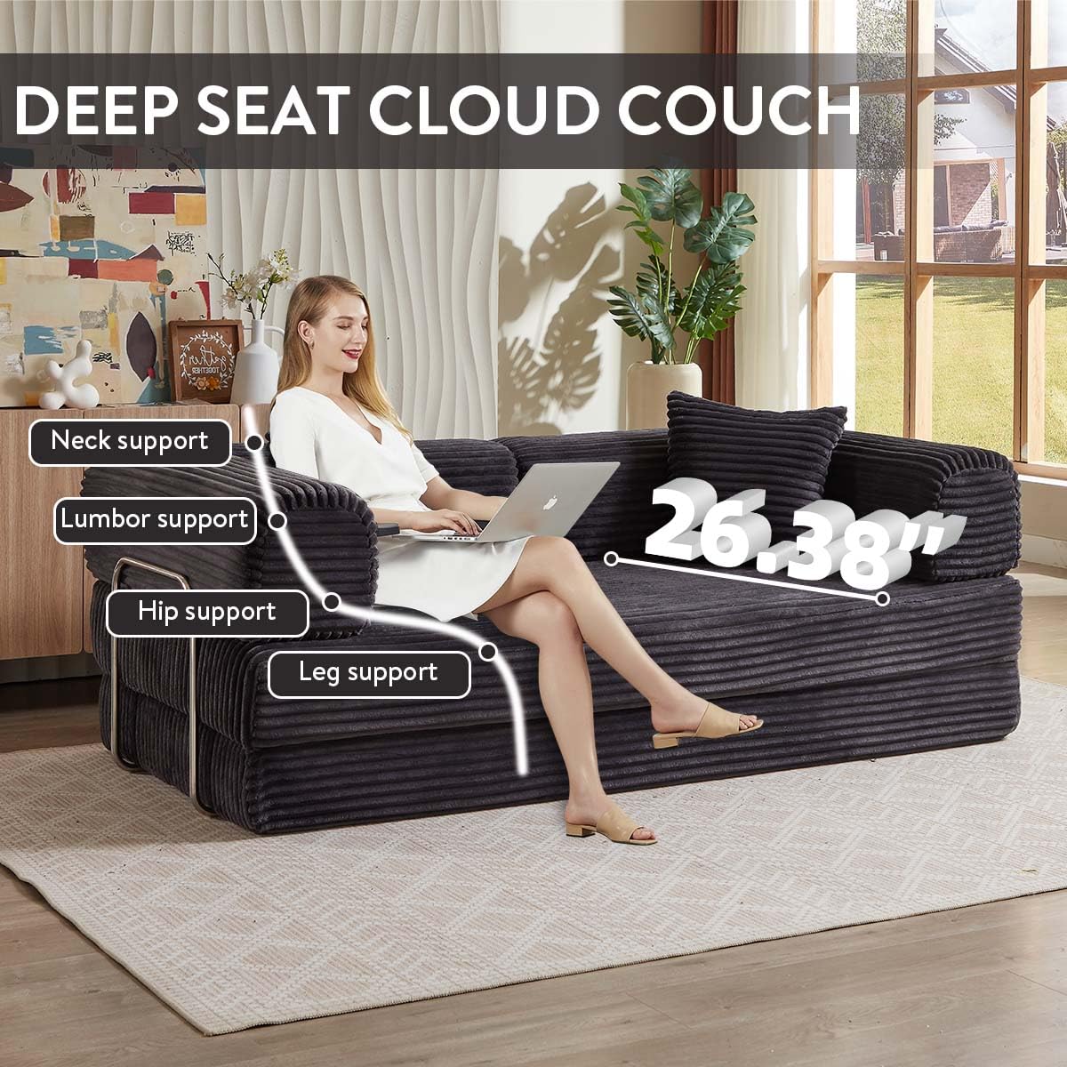 81 Inch Convertible Folding Sofa Bed,Fold Out Floor Sofa Couch with Fixed-Shape Frame,Corduroy Foldable Mattress Cloud Couch for Living Room Bedroom (Dark Grey) TIAOLOURIA