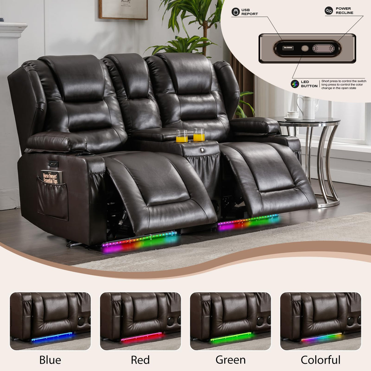 Oprisen 2-Seater Power Loveseat Recliner Electric Reclining Sofa Couch Wall Hugger Recliner Home Theater Seating w/Multi-Function Console/Cup Holders/LED Ambient Light Oprisen