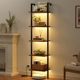 Tajsoon 5-Tier Ladder Shelf with LED Light, Wall Mounted Ladder Bookshelf with Metal Frame, Wall Ladder Bookshelf for Living Room, Bedroom, Office, Rustic Brown Tajsoon