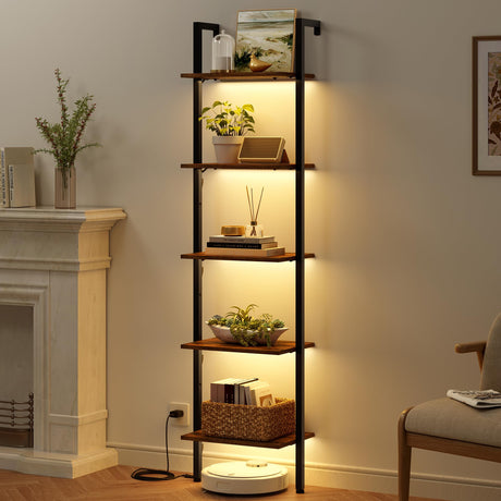 Tajsoon 5-Tier Ladder Shelf with LED Light, Wall Mounted Ladder Bookshelf with Metal Frame, Wall Ladder Bookshelf for Living Room, Bedroom, Office, Rustic Brown Tajsoon