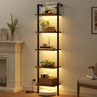 Tajsoon 5-Tier Ladder Shelf with LED Light, Wall Mounted Ladder Bookshelf with Metal Frame, Wall Ladder Bookshelf for Living Room, Bedroom, Office, Rustic Brown