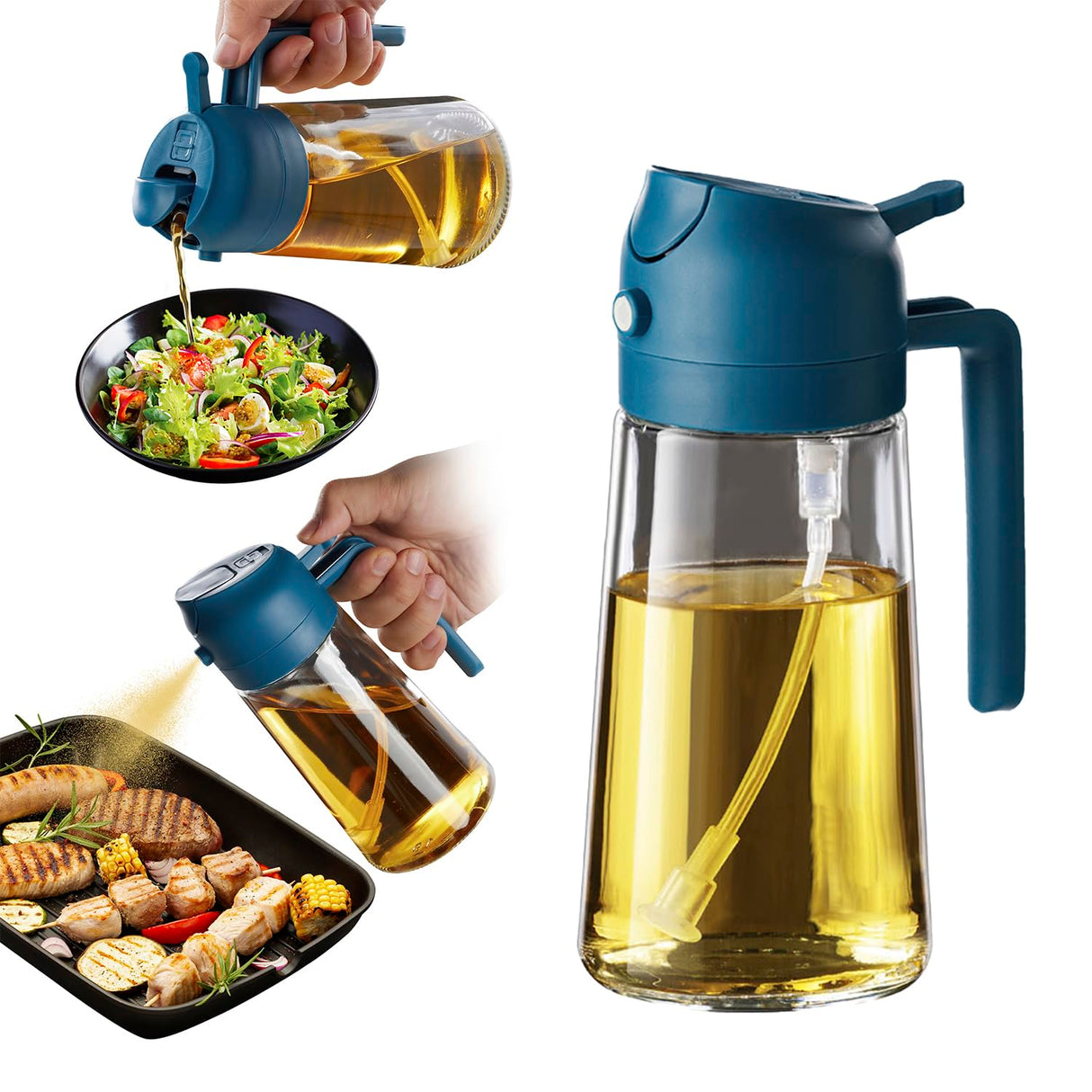 TrendPlain 16oz/470ml Olive Oil Sprayer for Cooking - 2 in 1 Olive Oil Dispenser for Kitchen Gadgets, Air Fryer, Salad, and BBQ - Navy TrendPlain