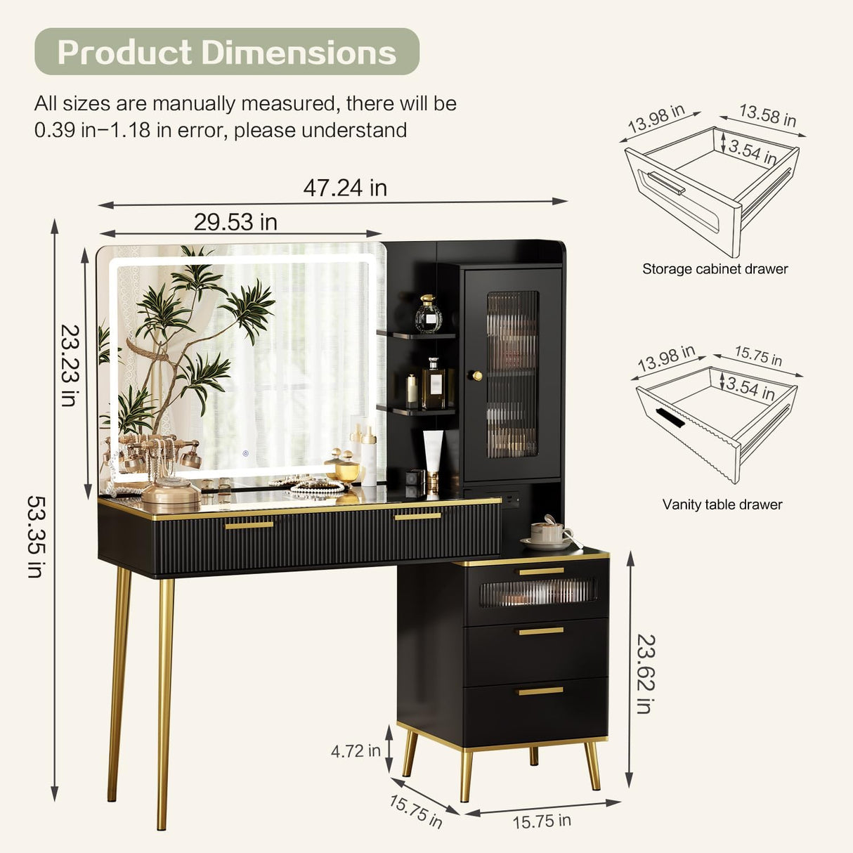 Chrangmay 47.24" Big Modern Vanity Desk with Mirror and Lights,Makeup Vanity Desk with 5 Drawers and Storage Shelves & Power Outlet,Dressing Table with Glass Top, Black Chrangmay