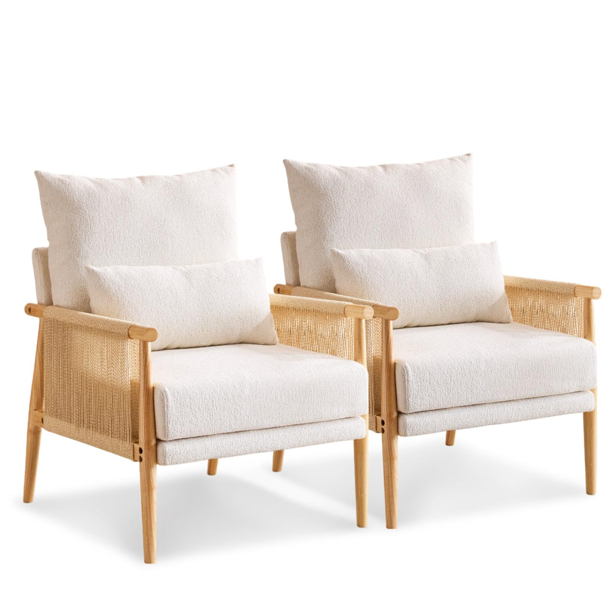 VINGLI Braid Accent Chairs Set of 2,Mid-Century Modern Armchiars with Solid Wooden Armrest,Comfy Louge Chairs with Waist Pillow for Bedroom,Living Room,Reading Room, Beige VINGLI