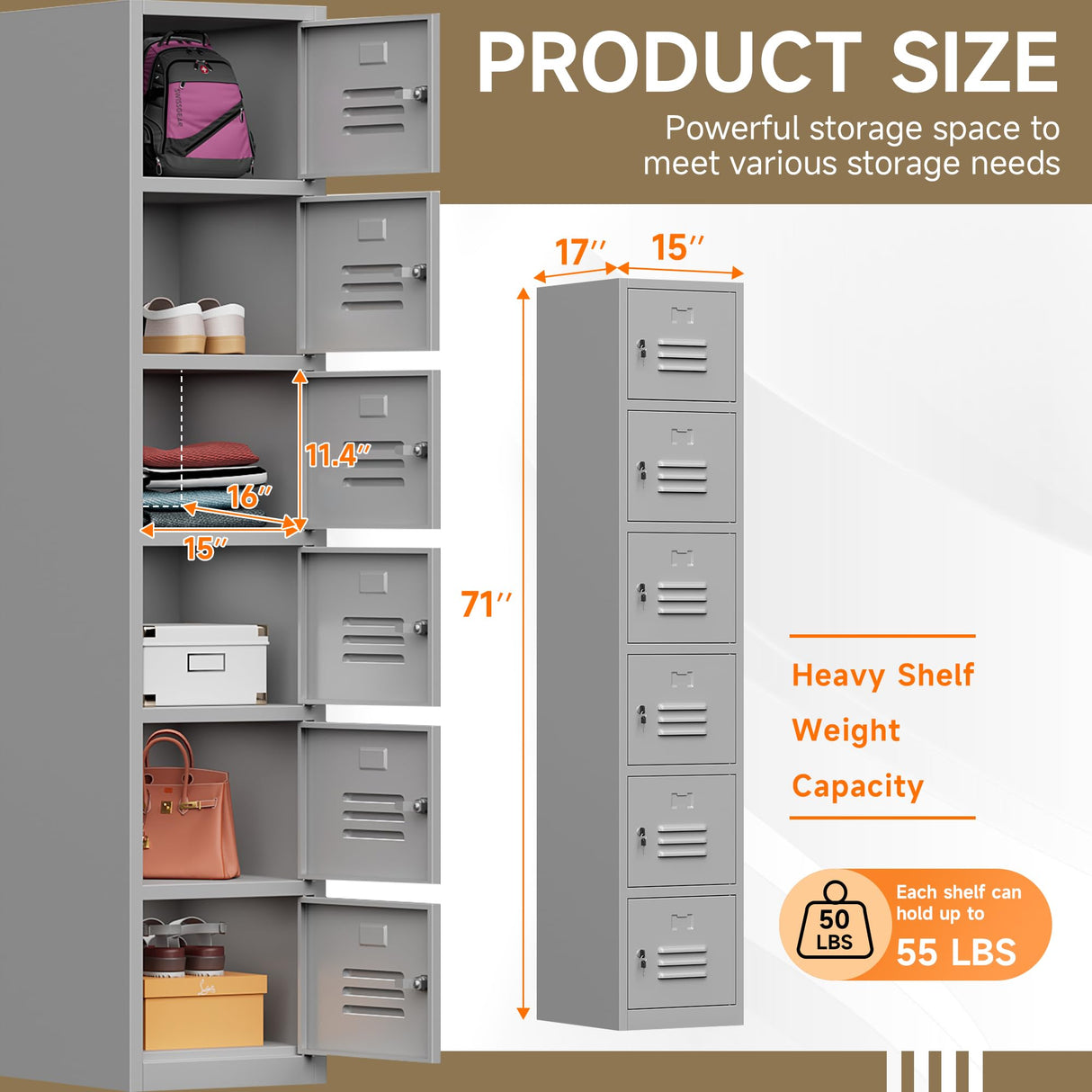 Topass Metal Locker with 6 Doors, Lockable Lockers for Employees, 71" Locker Storage Cabinets for School, Gym, Home, Office, Garage (6-Door, Grey) Topass