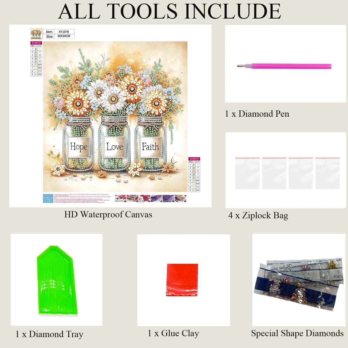 Faith, Love, Hope Diamond Painting Kits for Adult, Inspirational 5D Diamond Art Kits for Beginners, DIY Spring Flower Floral Special Shaped Drill Diamond Dots Gem Paint Art Craft, Home Decor 12x12In wavaiov