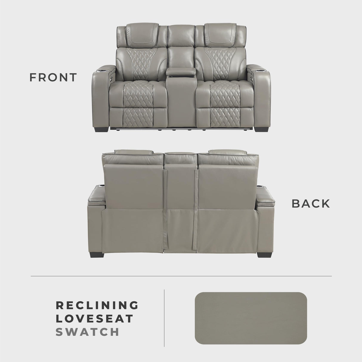 Lexicon Power Double Reclining Loveseat, Center Console/Heat/Massage/Headrest/Storage Arms/Cup Holders/LED Lights/Wireless Charging, Top Grain Leather Match Wall Hugger Recliner Loveseat, Grey Lexicon