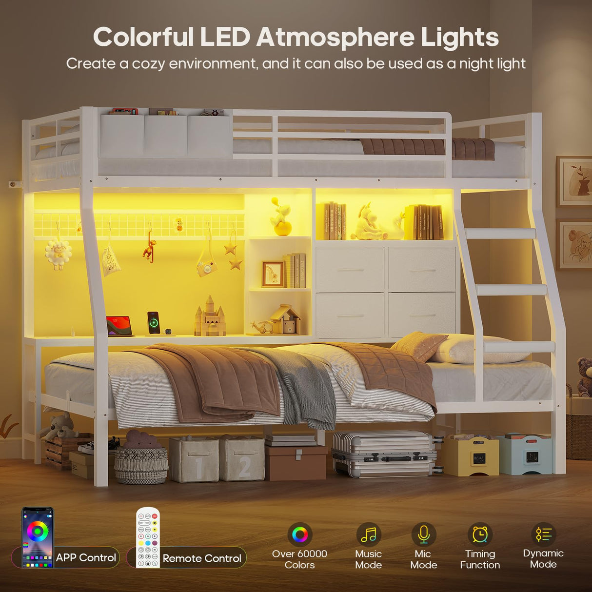 BTHFST Bunk Bed Twin Over Twin with 4 Storage Drawers & Shelves & Bedside Caddy, Twin Bunk Beds with Charging Station & Led Lights, Metal Bunk Bed with Safety Guardrail & Angled Ladder for Kids, White BTHFST