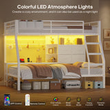 BTHFST Bunk Bed Twin Over Twin with 4 Storage Drawers & Shelves & Bedside Caddy, Twin Bunk Beds with Charging Station & Led Lights, Metal Bunk Bed with Safety Guardrail & Angled Ladder for Kids, White BTHFST