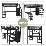 Full Size Loft Bed with Desk and Storage Stairs,Metal Full Loft Bed Frame with Wardrobe and Shelf, High Loft Bed with LED Light and USB Charging Station for Kids, Teens, Adults, Black Mirightone