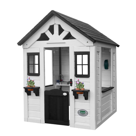 Backyard Discovery Sweetwater All Cedar White Modern Outdoor Wooden Playhouse, Cottage, Sink, Stove, Windows, Kitchen with Pot and Pans and Utensils, Flowerpot Holders, Working Doorbell, Ages 2-6 Backyard Discovery