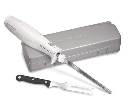 Hamilton Beach Electric Knife Set for Carving Meats, Poultry, Bread, Crafting Foam & More, Reciprocating Serrated Stainless Steel Blades, Ergonomic Design Storage Case + Fork Included, 5Ft Cord, White Hamilton Beach