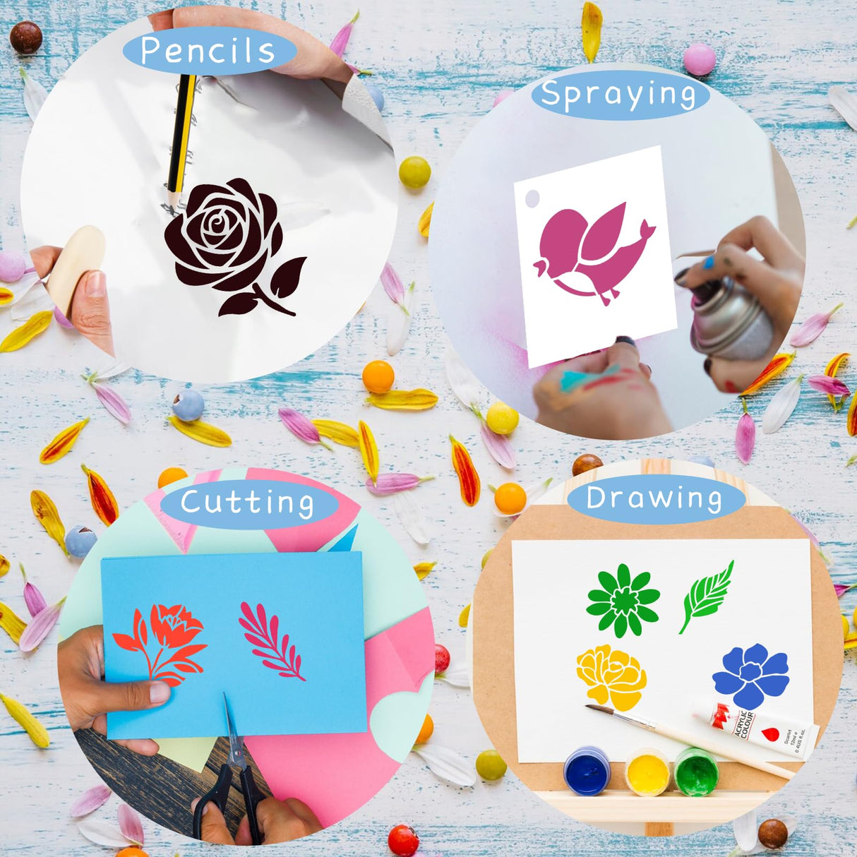 Sitsink Flower Stencils for Crafts - 60 Pcs Reusable Cute Floral Wall Stencil Templates for Painting on Walls, Wood, Rock, DIY Art Projects, Window Glass, Card Sitsink