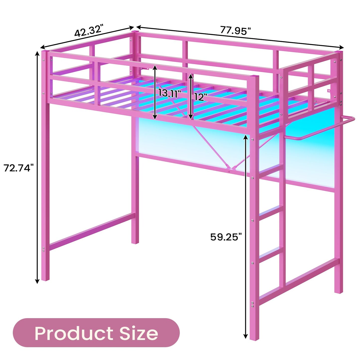 Hasuit Twin Metal Loft Bed with LED Lights, Loft Bed Twin Size with Full-Length Guardrail &Clothes Rack, Heavy Duty Loft Bed Twin Frame, Space-Saving, Noise Free, No Box Spring Needed, Pink