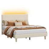 Bestier Queen Bed Frame with Adjustable Headboard, LED Lighting, Vertical Channel Tufted Corduroy Upholstered, Solid Wooden Slats Support, No Box Spring Needed, Never Squeaks, Easy Assembly, Beige Bestier