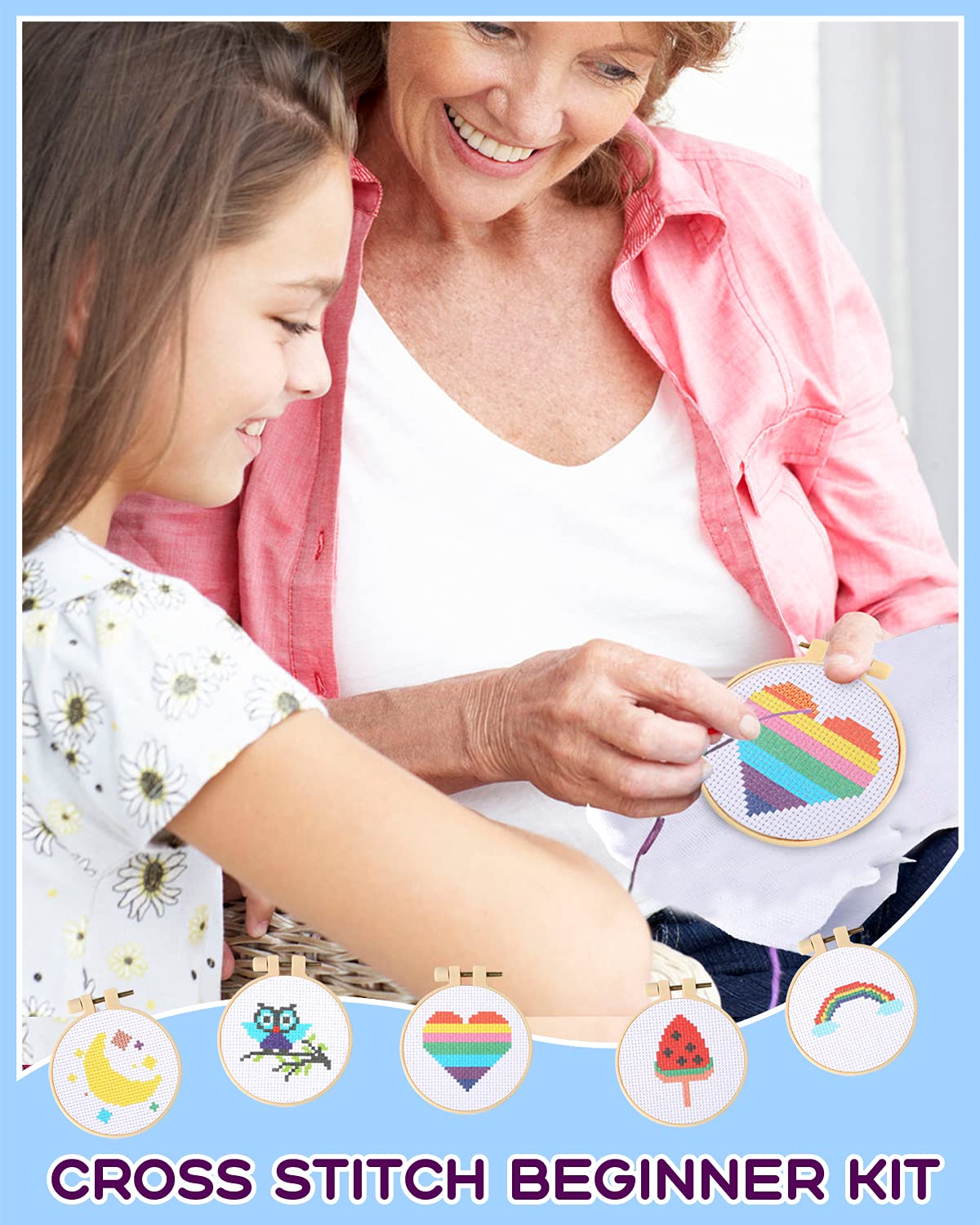 Pllieay Cross Stitch Beginner Kit for Kids 7-13, Includes 6pcs Project Cross Stitch Pattern and 2pcs Hoops, 12 Skeins, Needle Point Starter Kit Sewing Set with Instructions for Christmas Gift Pllieay