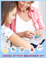 Pllieay Cross Stitch Beginner Kit for Kids 7-13, Includes 6pcs Project Cross Stitch Pattern and 2pcs Hoops, 12 Skeins, Needle Point Starter Kit Sewing Set with Instructions for Christmas Gift Pllieay