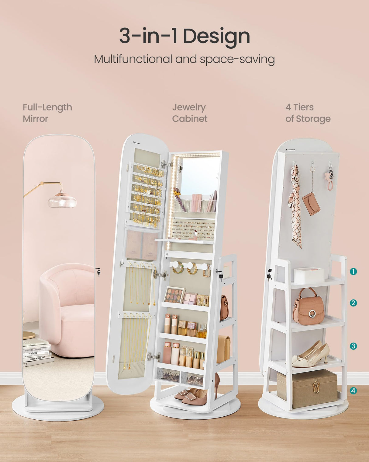 SONGMICS LED Jewelry Cabinet, 360° Swivel Jewelry Organizer, Lockable Mirror Jewelry Cabinet Standing, Rounded Wide Full-Length Mirror with Storage Shelves, Interior Mirror, Cloud White UJJC036W01 SONGMICS