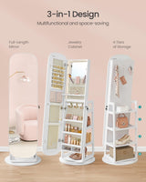 SONGMICS LED Jewelry Cabinet, 360° Swivel Jewelry Organizer, Lockable Mirror Jewelry Cabinet Standing, Rounded Wide Full-Length Mirror with Storage Shelves, Interior Mirror, Cloud White UJJC036W01 SONGMICS
