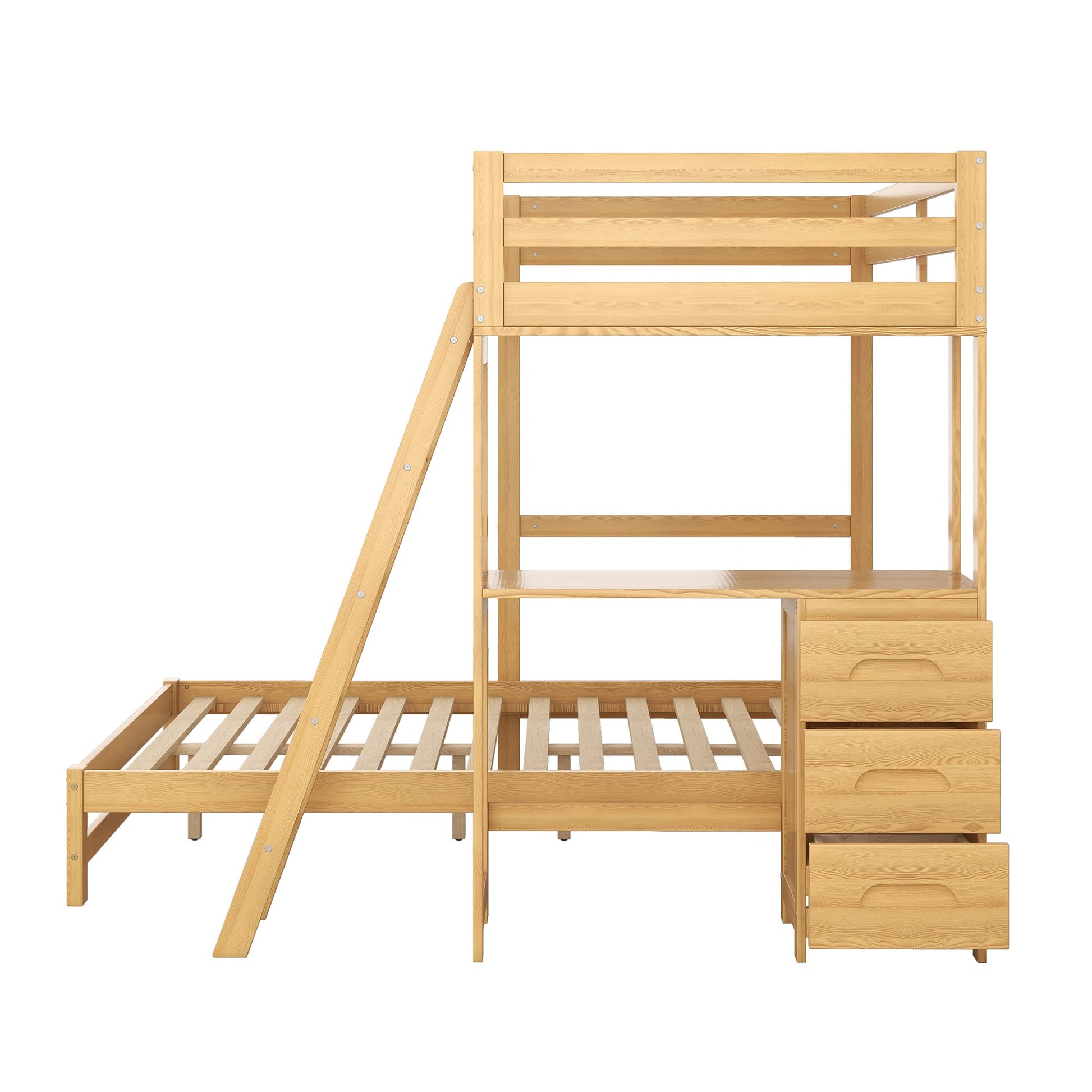 Twin Over Full Solid Wood Bunk Bed with Built-In Desk and Storage Drawers, Natural Finish - WoodArtSupply