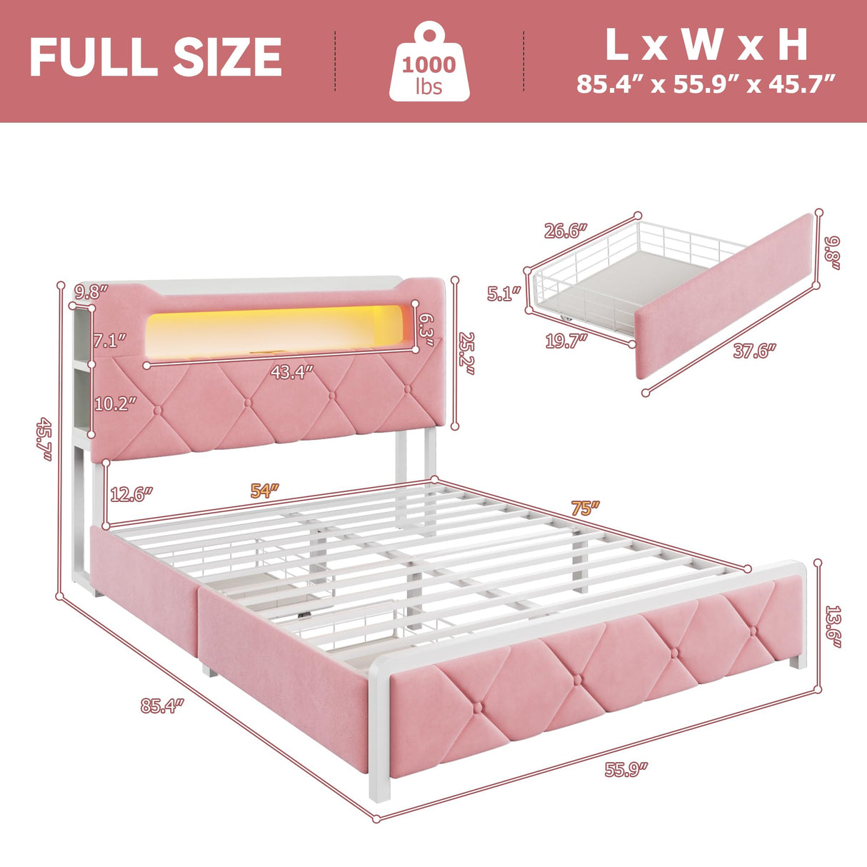 Full Upholstered LED Bed Frame with 2 Storage Drawers and 2-Tier Storage Headboard, Velvet Princess Platform Bed with Charging Station & Bookcase, Heavy Duty Metal Support, No Box Spring Needed, Pink Jocoevol