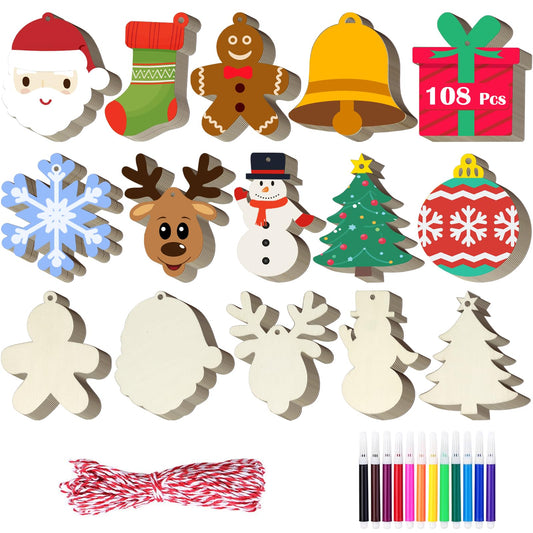 112Pcs DIY Wooden Christmas Ornaments for Crafts, Predrilled Unfinished Wood Ornament Kit with Twines and 12 Color Pens, Blank Unfinished Wood Slices in 10 Shapes for Christmas Tree, Crafting, Gift