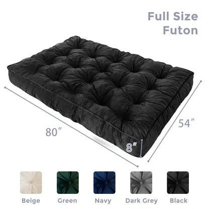 MAXYOYO 8" Futon Mattress Full Size, Extra Thick Futons Sofa Couch Bed, Velvet Floor Mattress for Adults, Shredded Foam Filling (Frame Not Included), Black