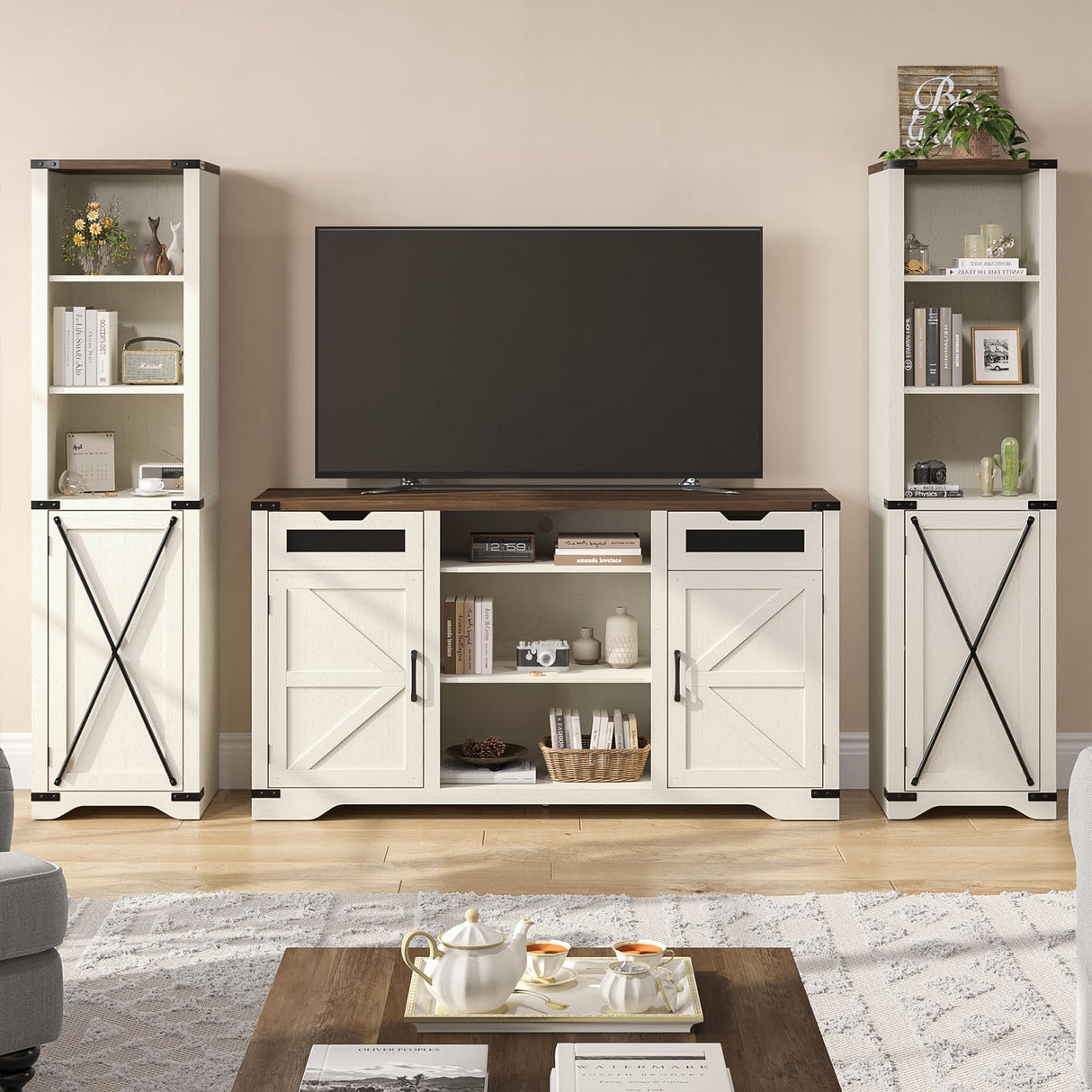 Farmhouse Bookshelf, 67'' Tall Narrow Bookcase with Metal X Barn Door, Antique White Bathroom Storage Cabinet with Adjustable Shelves, 5 Tier Skinny Book Shelf for Home Office, Kitchen, Living Room FiveWillowise