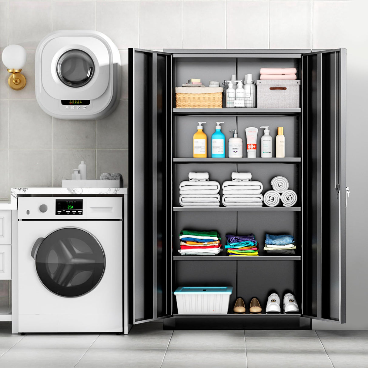 Superday 72" Lockable Steel Storage Cabinet, Locking Metal Storage Cabinets, Tall Black Cabinet with 2 Doors and 4 Adjustable Shelves for Garage, Home Office, Classroom, Pantry, File, Easy Assemble Superday