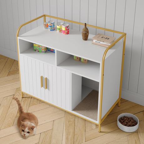GarveeHome Cat Litter Box Enclosure with Metal Frame and Dual Storage Shelves, Modern Hidden Litter Box Furniture Indoor Cat House, Side Table Style White GarveeHome